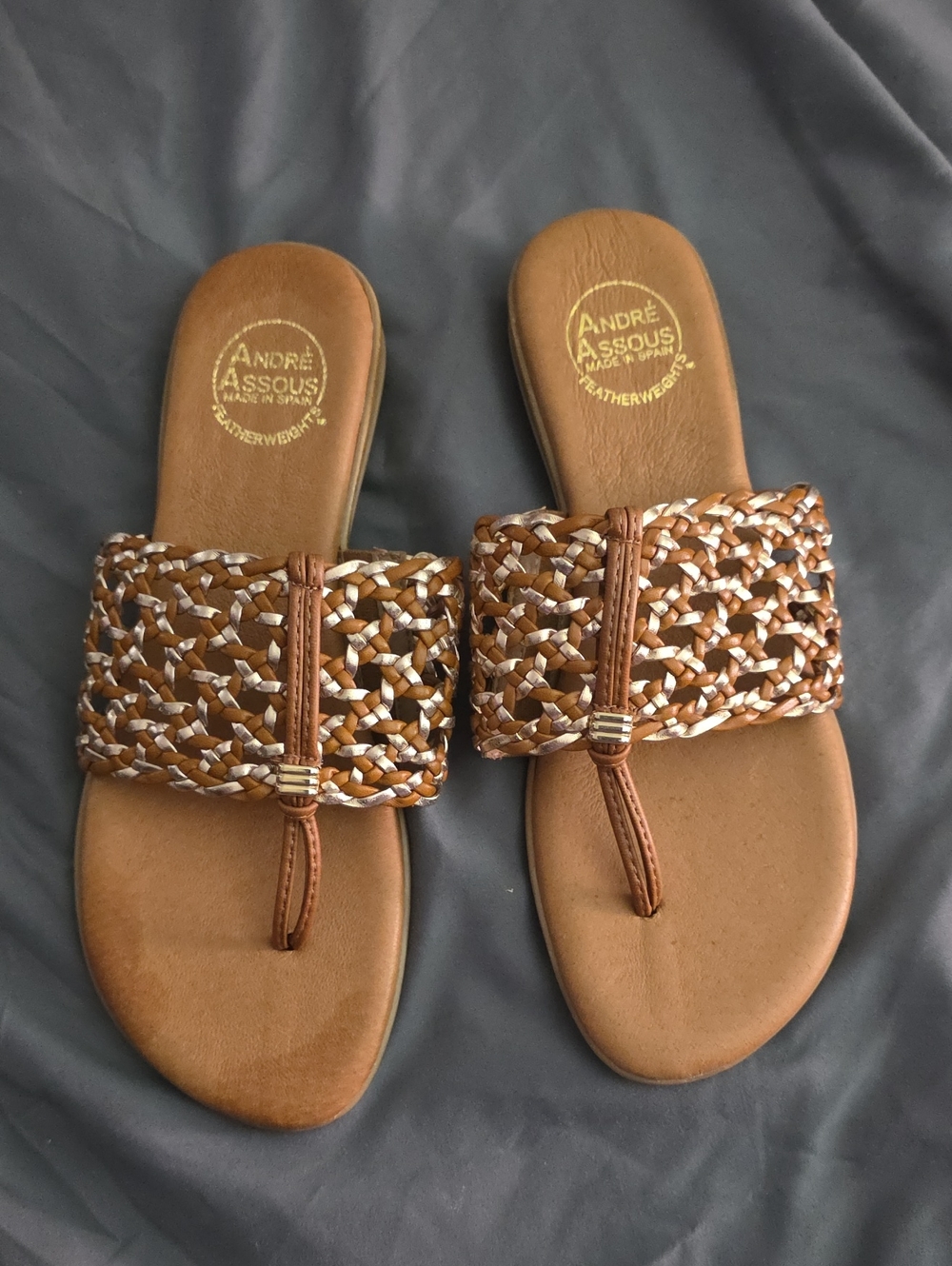 Andre Assous Tan and White Woven Leather Slide Sandals